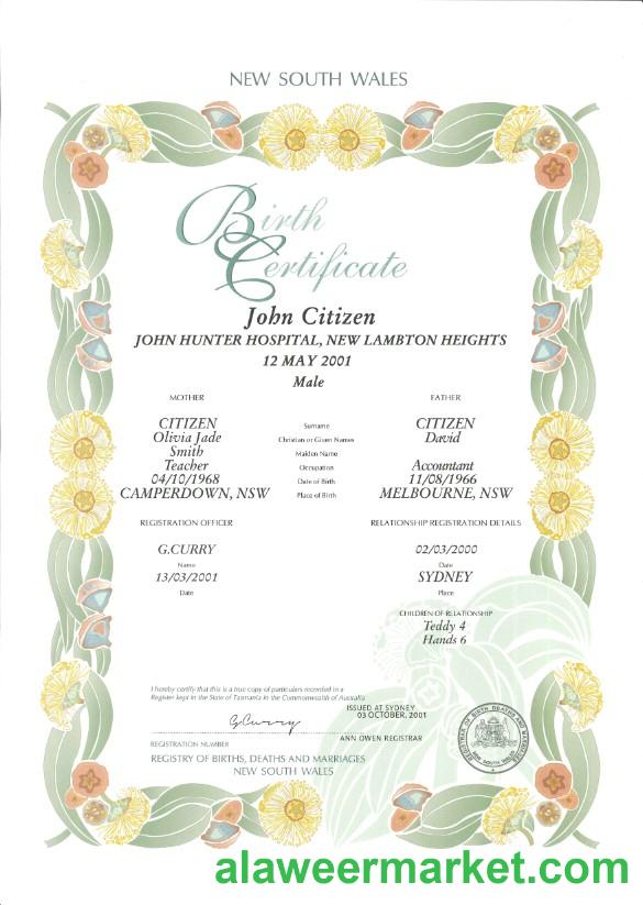 Australia New South Wales decorative (commemorative) birth certificate template in PSD format